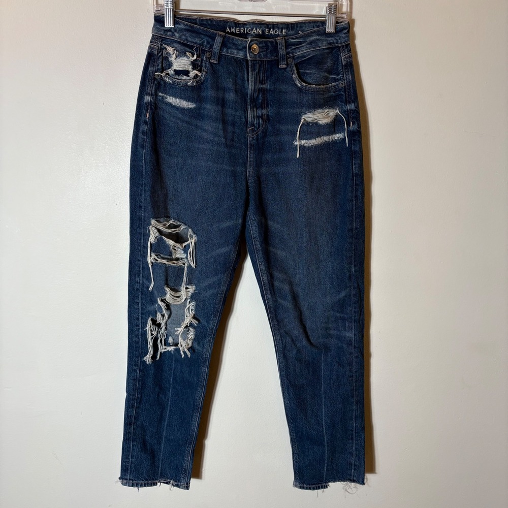 American Eagle Outfitters Mom Jeans Dark Wash Distressed Ripped High Rise Size 4